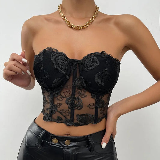 Black Lace Strapless Floral Crop Top