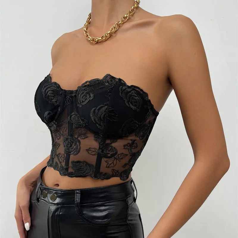 Black Lace Strapless Floral Crop Top