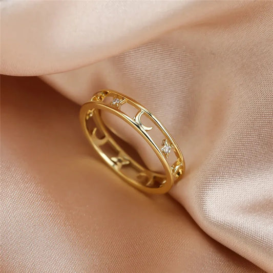 Gold Crystal Moon Star Ring